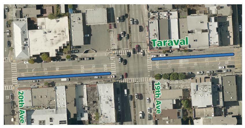 Aerial view of L Taraval and 20th Avenue intersection showing temporary boarding islands marked in blue.