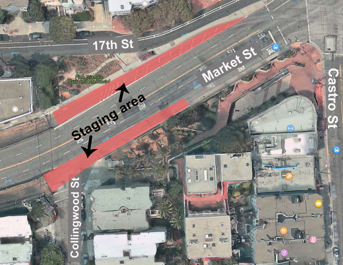 Aerial view of Market Street staging area between Collingwood and Castro streets near Twin Peaks Tunnel.