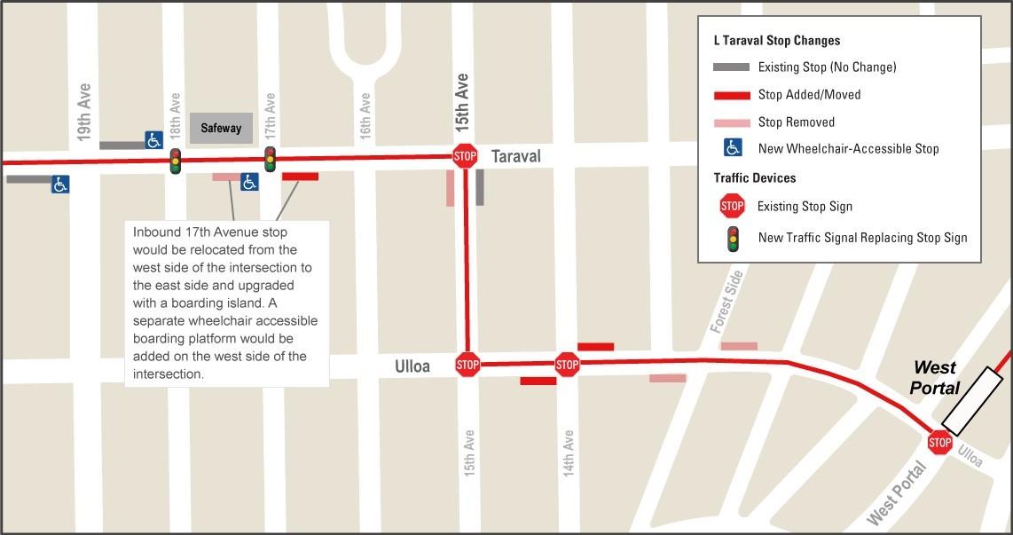 Map showing L Taraval stop changes at 17th Avenue, including relocated inbound stop and new wheelchair-accessible boarding platform.