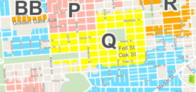Colored map showing San Francisco permit areas with zones marked in blue, yellow, and pink.