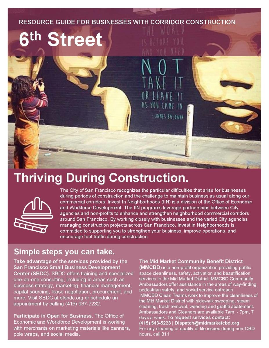 6th Street construction resource guide showing mural art and text about thriving during construction in San Francisco.