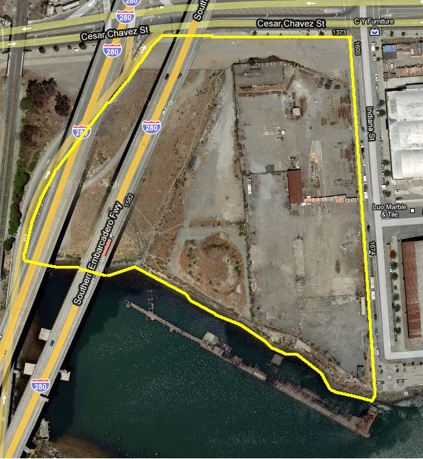 Aerial view of waterfront property bounded by Highway 280, Cesar Chavez Street, and Indiana Street with Islais Creek below.