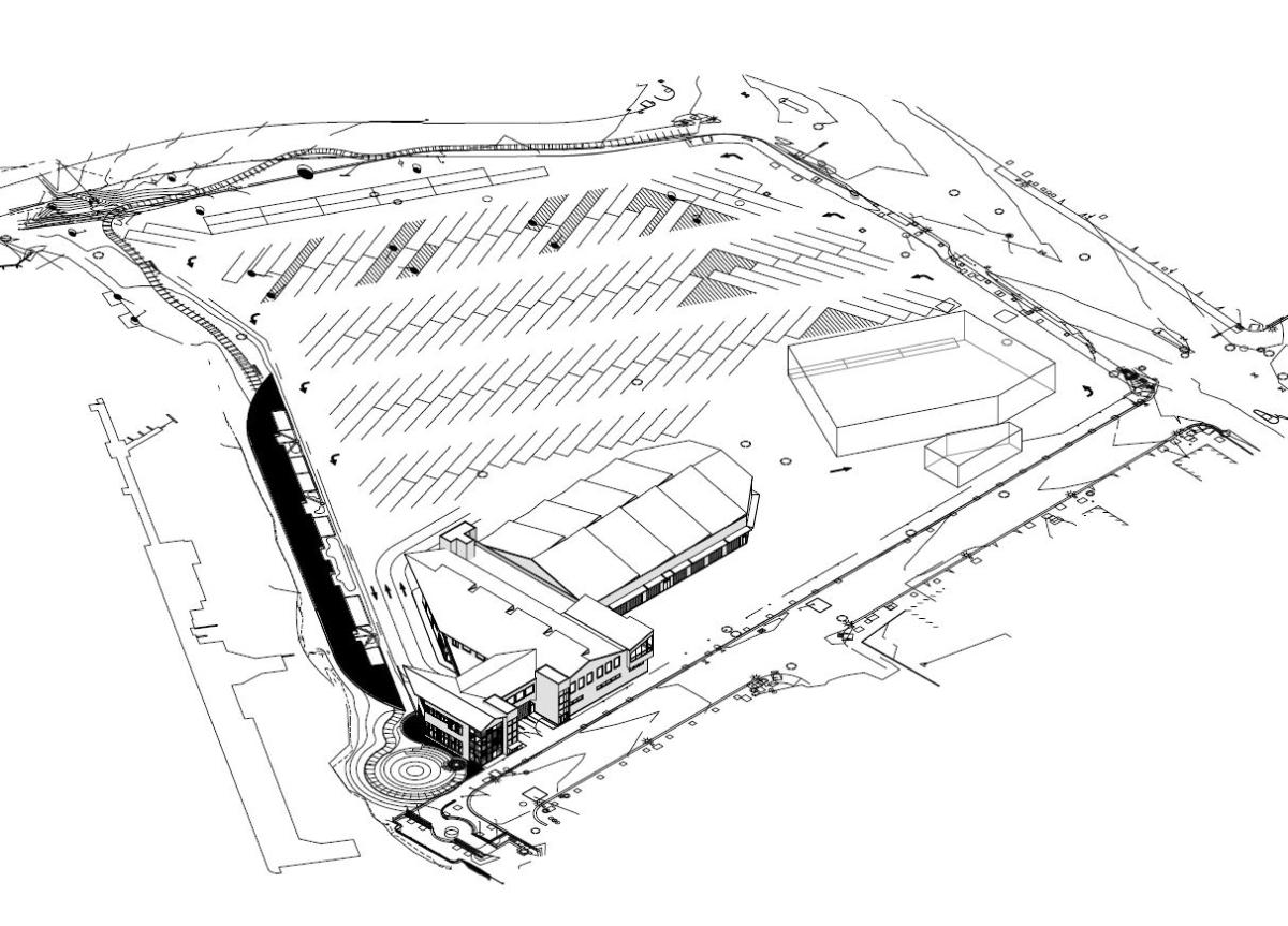 Architectural site plan showing transit facility with bus depot, parking areas, and landscaping along Islais Creek.