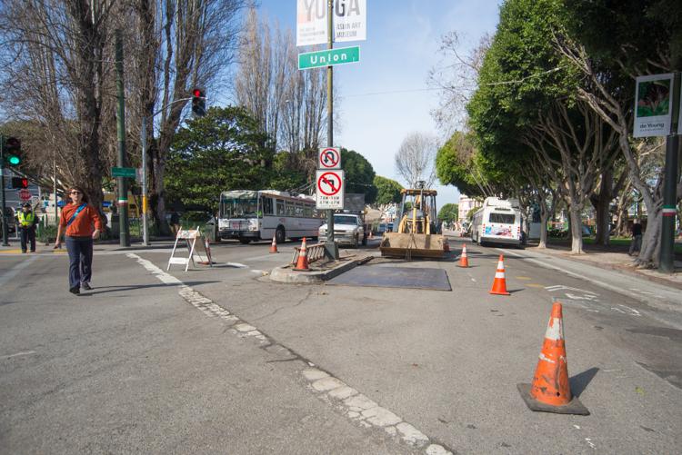 Union Street intersection with construction equipment, traffic cones, and no parking signs visible.