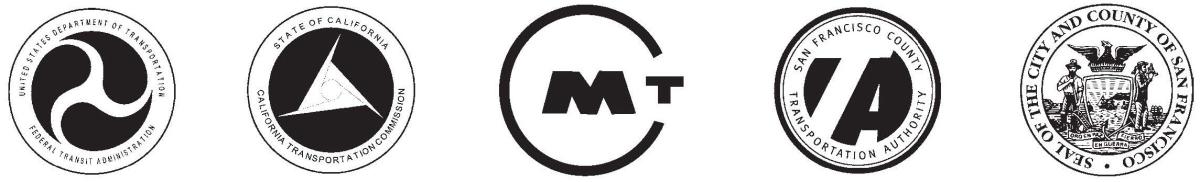 Five transit agency logos arranged horizontally: BART, Caltrain, Muni, SFCTA, and San Francisco County.