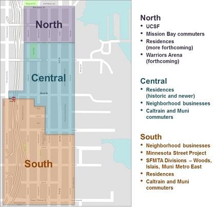Map of Dogpatch study area divided into North, Central, and South sections with key destinations and commuter information listed for each zone.