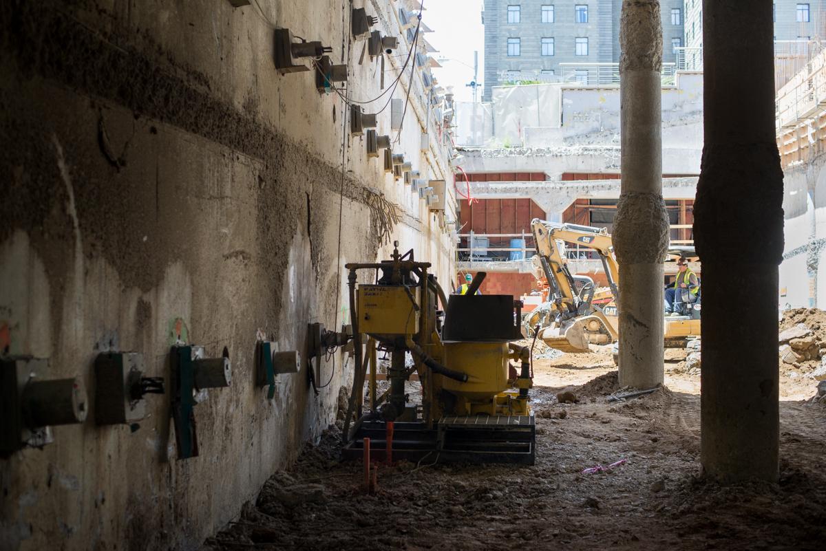 Construction equipment and tie-backs at Union Square Garage north entrance site.