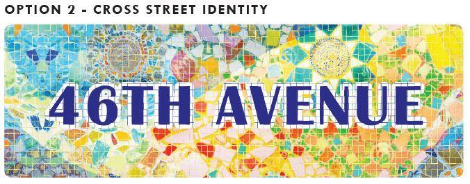 46th Avenue street sign with colorful mosaic tile pattern background in blue, yellow, orange, and pink tones.
