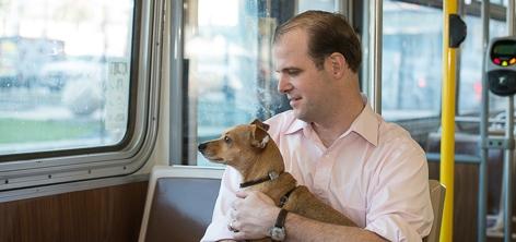 Man holding brown dog on Muni transit bus near window