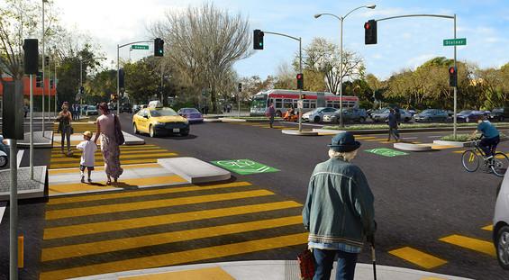 Rendering of Geary at Steiner intersection with yellow crosswalks, green bus lanes, and removed pedestrian bridge
