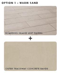 Warm sand paver and concrete color options for transit boarding island flooring.