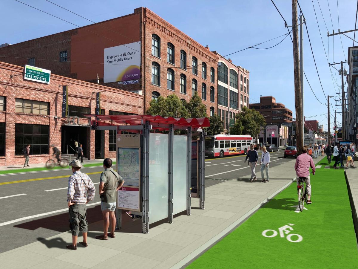 Rendering of urban street with green bike lane, bus stop shelter, pedestrians, cyclist, and historic brick buildings.