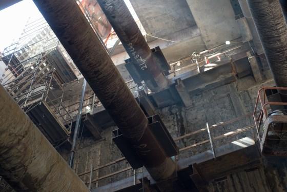 Temporary steel support beams installed during Central Subway Chinatown station construction.