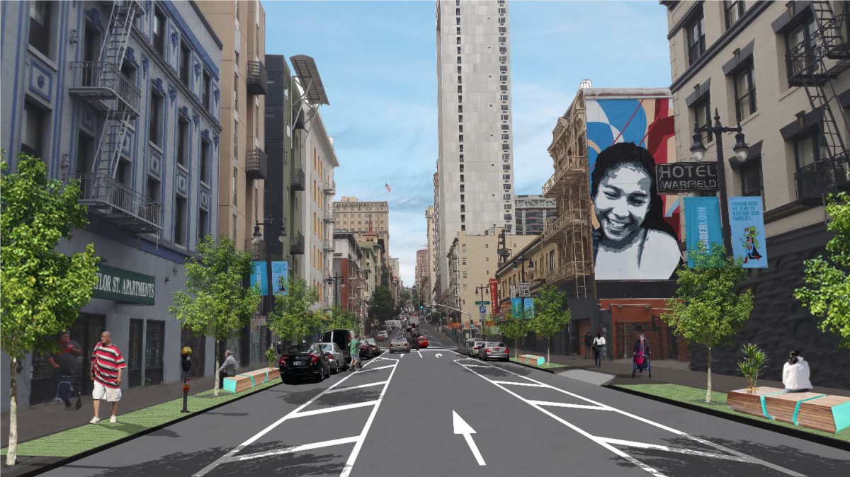 Rendering of a tree-lined urban street with wide sidewalks, reduced traffic lanes, and pedestrians in a downtown San Francisco setting.