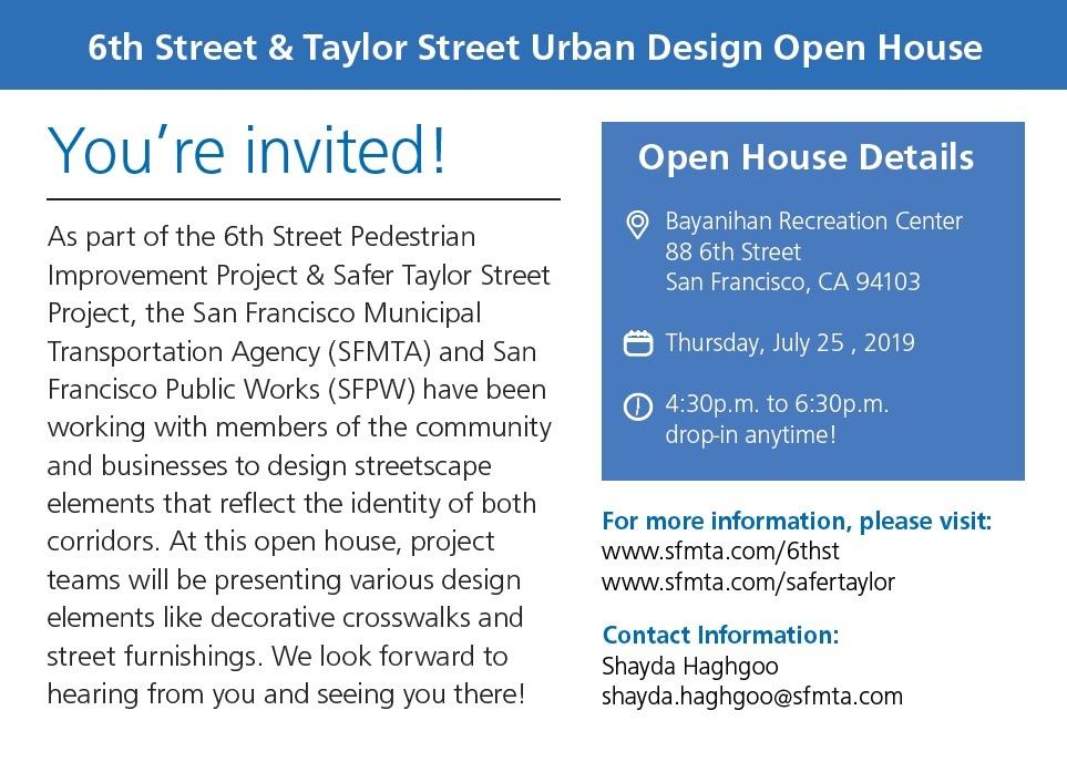 6th Street and Taylor Street urban design open house flyer with event details for July 25, 2019.