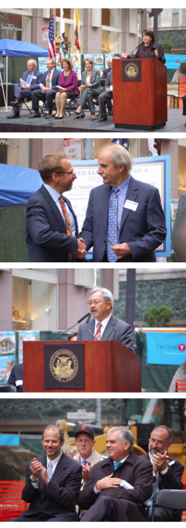 Officials at podium and shaking hands at Central Subway Project federal funding announcement event.
