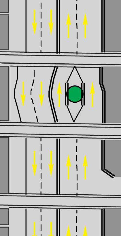 Diagram showing traffic lane shifts on Van Ness Avenue with yellow lane markings and a green circle indicating median tree location.