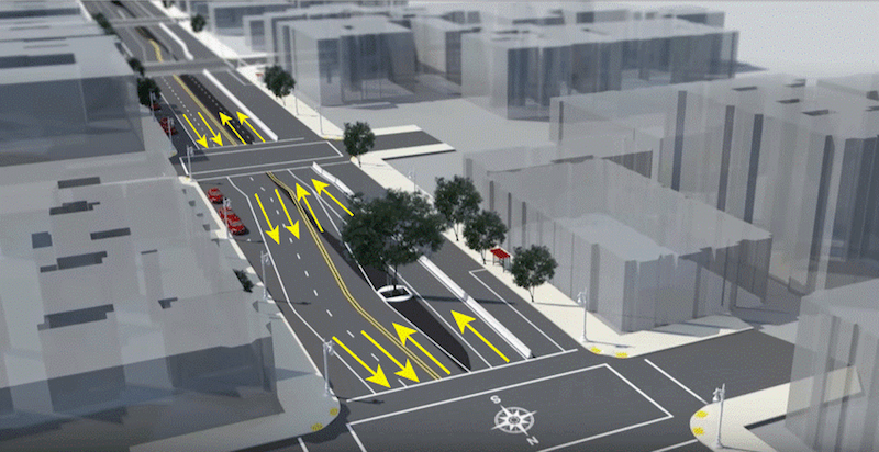 Aerial rendering of urban street with yellow arrows indicating traffic flow around median trees.