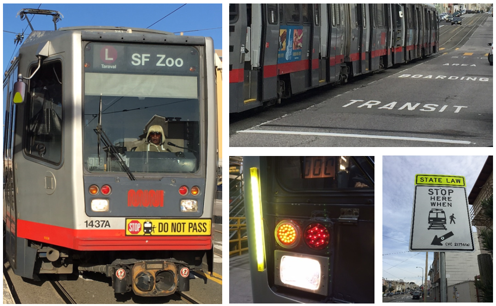SF Muni transit bus with boarding zone pilot elements including stop sign and traffic signals visible.
