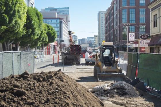 Construction equipment and materials on 4th Street for Central Subway project in San Francisco.