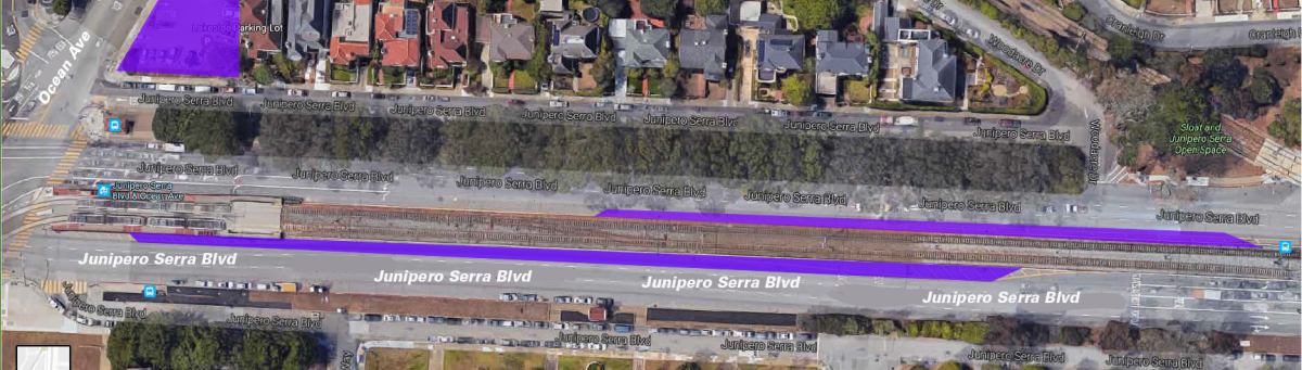 Aerial view of Junipero Serra Boulevard with purple highlighted construction staging areas and parking lot.