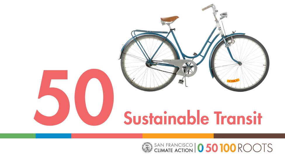 Blue step-through bicycle with brown saddle and orange reflectors next to large red text reading "50 Sustainable Transit" with San Francisco Climate Action logo.