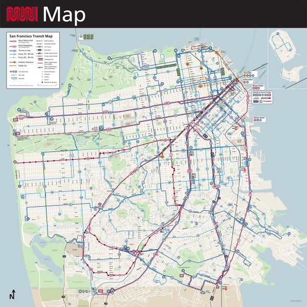 San Francisco Muni transit system map showing bus and rail routes throughout the city in multiple colors.
