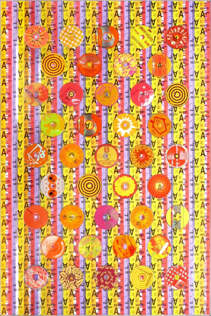 Colorful grid of vintage transit passes with circular designs in yellow, orange, and red tones on striped background.