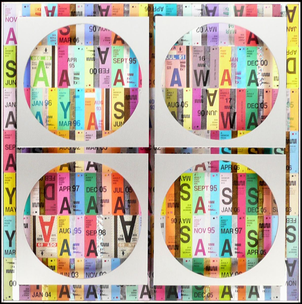 Four circular collages made from colorful Muni Fast Pass cards arranged in a grid, displaying layered transit passes with dates and letters.
