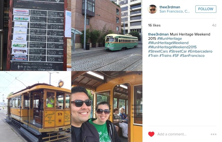 Muni Heritage Weekend 2015 collage showing vintage streetcars, menu board, and visitors on cable cars in San Francisco.