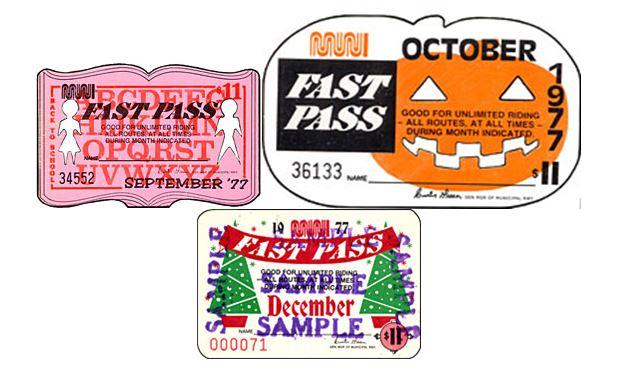 Three vintage Muni Fast Pass tickets from September, October, and December showing varied colorful designs and holiday themes.
