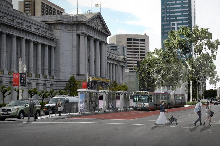 Rendering of Van Ness Avenue transit platform in front of City Hall with bus and new street trees.