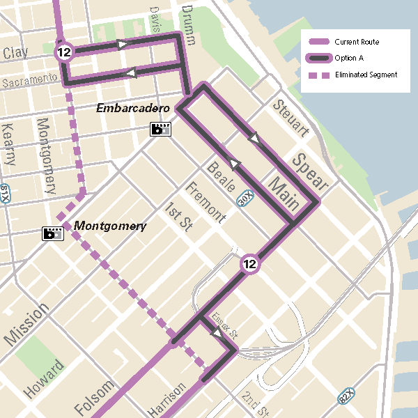 Map of the proposed Option A 12 Folsom/Pacific bus route. The proposed 12 Folsom-Pacific extension will have the route continue eastbound on Folsom and will use both Main (northbound) and Spear (southbound) Streets to access Embarcadero Station. The route will continue north on Drumm and will use both Sacramento (Westbound) and Clay (Eastbound) to connect to Sansome Street.