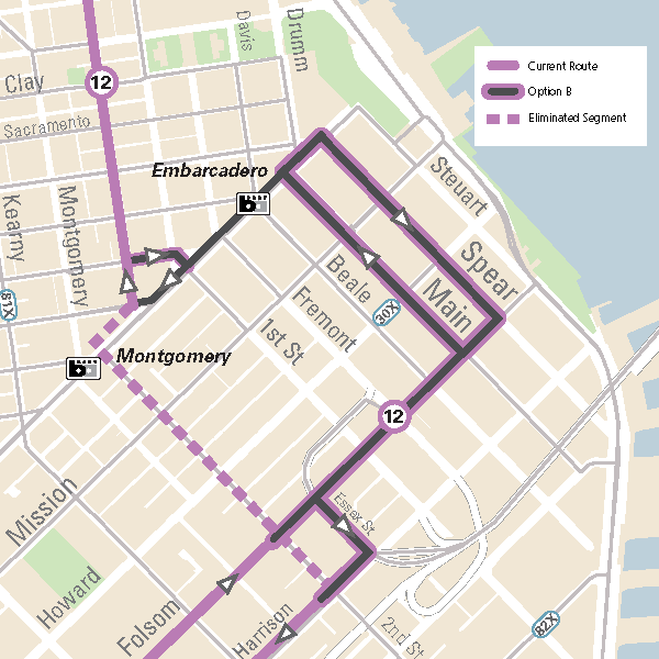 Map of the proposed Option B 12 Folsom/Pacific bus route. The proposed 12 Folsom-Pacific extension will have the route continue eastbound on Folsom and will use both Main (northbound) and Spear (southbound) Streets to access Embarcadero Station. The route will continue onto Market Street to connect to Sansome Street.