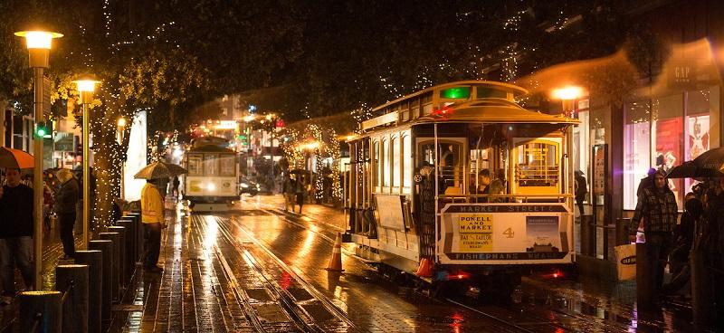 Cable Car decorated for the holidays.