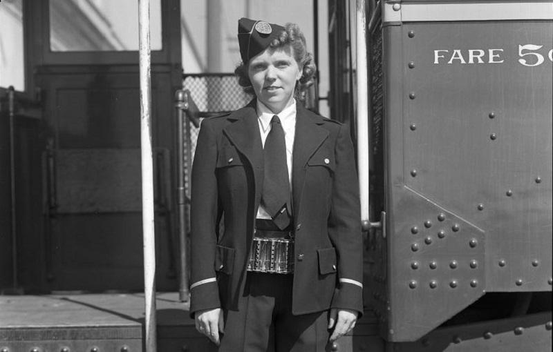 Ellen Peterson models the new Muni uniform of her time.