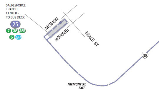 Map of 25 Treasure Island day and evening service at Salesforce Transit Center