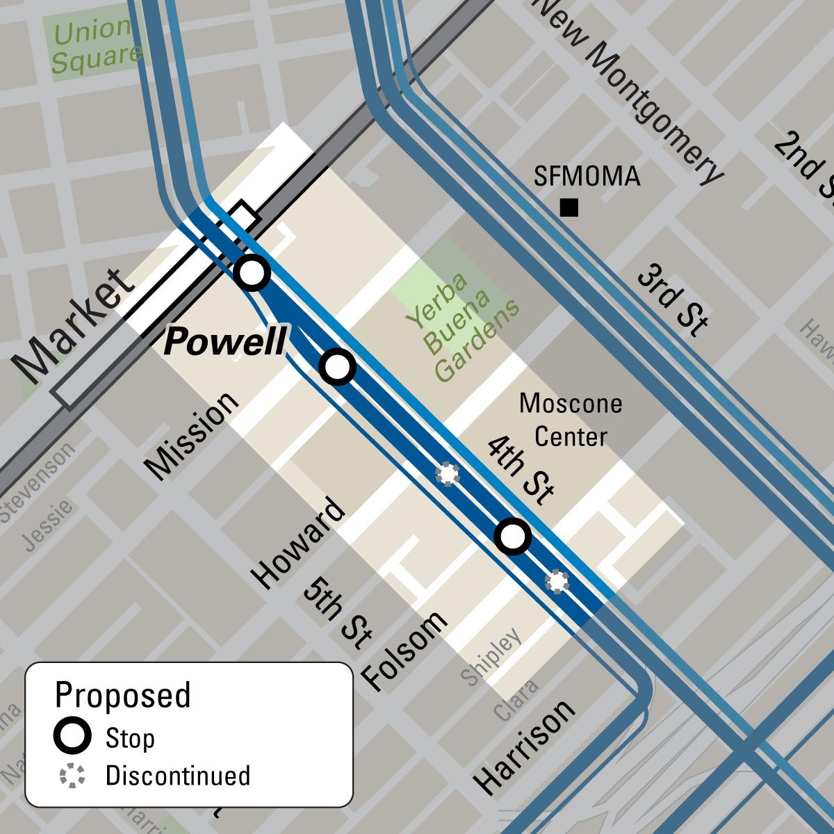 Map showing proposed stop changes combining the Howard and Folsom stops into one stop at the future central subway station