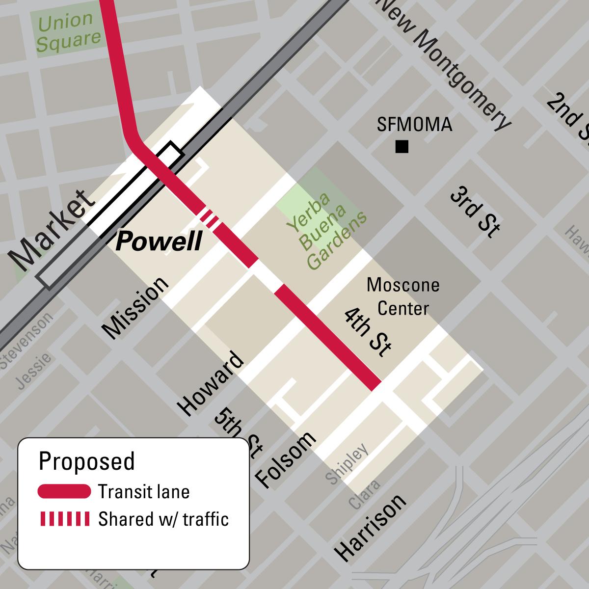 Map of proposed transit lane from Market to Folsom on 4th Street