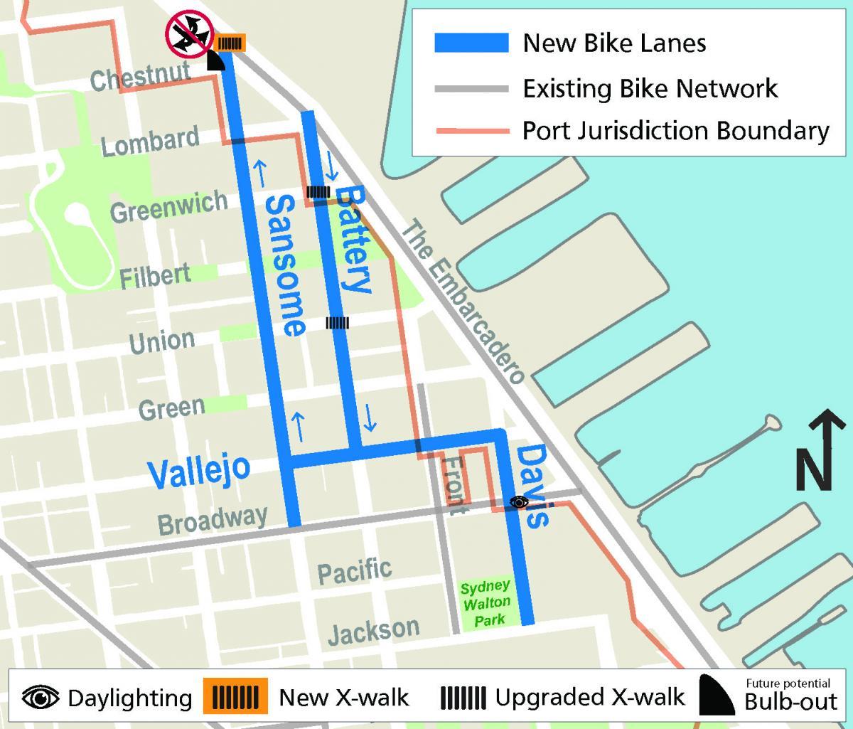 Project extents of Sansome Battery Connections Project. Sansome from Broadway to The Embarcadero, Battery from Vallejo to The Embarcadero, Davis from Jackson to Vallejo, Vallejo from Sansome to Davis