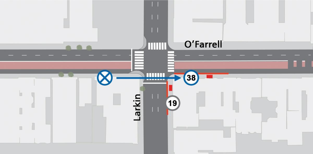 Rendering of bus stop relocation inbound at O'Farrell and Larkin that is relocating to the east side of the intersection