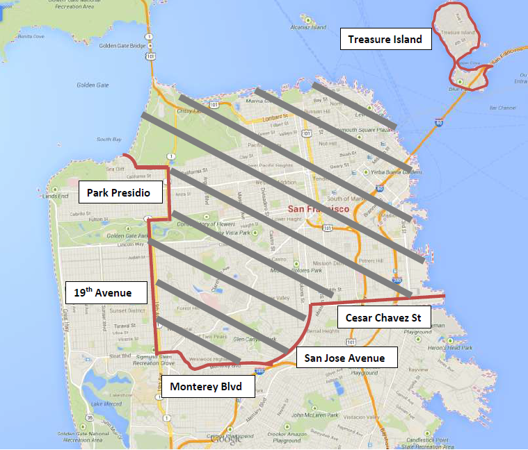 This map shows the Outlying Area of San Francisco. All areas covers the followings: 1. west of Park Presidio and 19th Avenue; 2. south of Monterey Blvd, San Jose Avenue, and Cesar Chavez Blvd, 3. Treasure Island