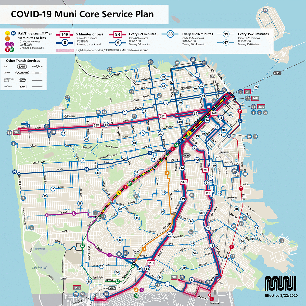 Map: New Muni service map shows bus and rail routes restored August 22 with existing Muni service. This new map also highlights high-frequency corridors.