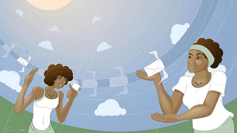 two women of color receive envelopes with wings