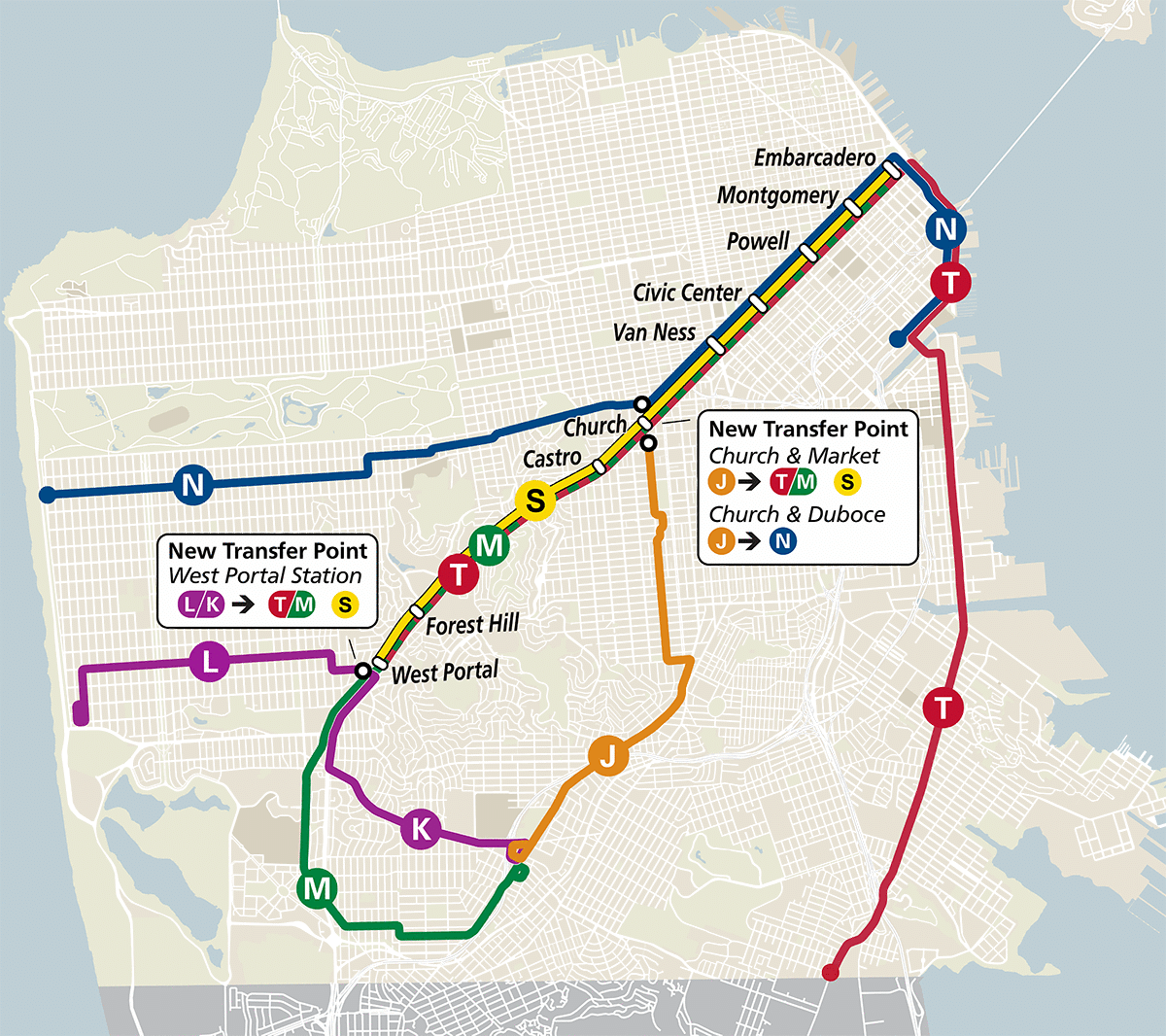 Map: Proposed new Muni Metro rail configuration.