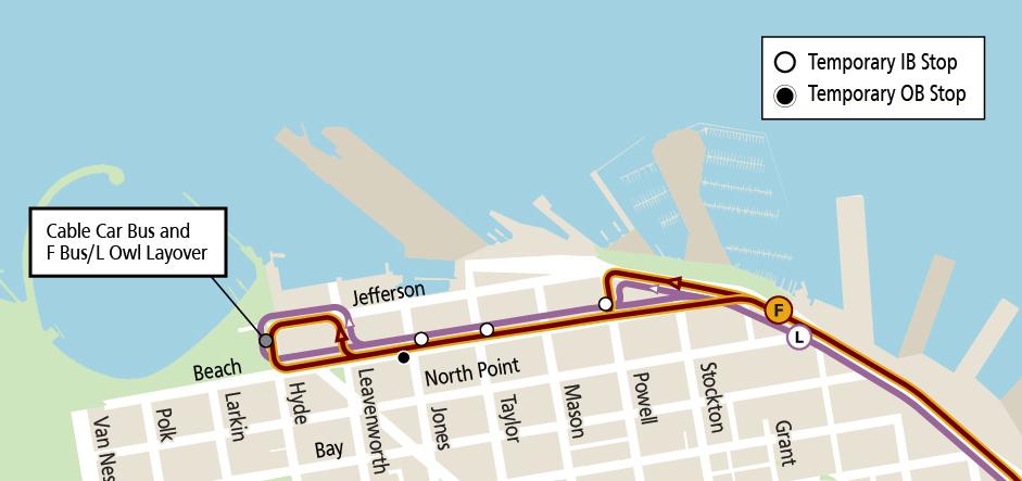 Map of F Bus and L Owl temporary extension to Hyde St