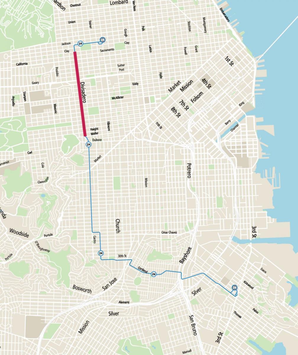 Map of the 24 Divisadero Muni route. Project area includes Divisadero Street from Geary Boulevard to Haight Street.