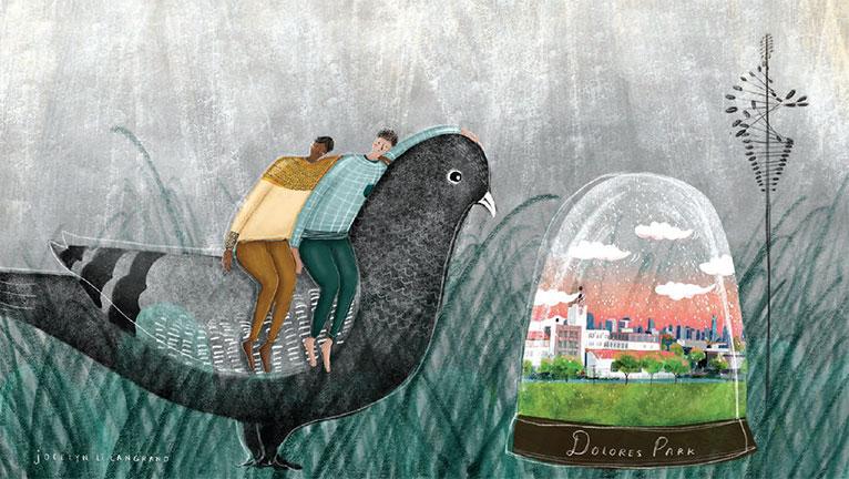 Two tiny men together on a pigeon beside a snow globe of the northeast view from Dolores Park