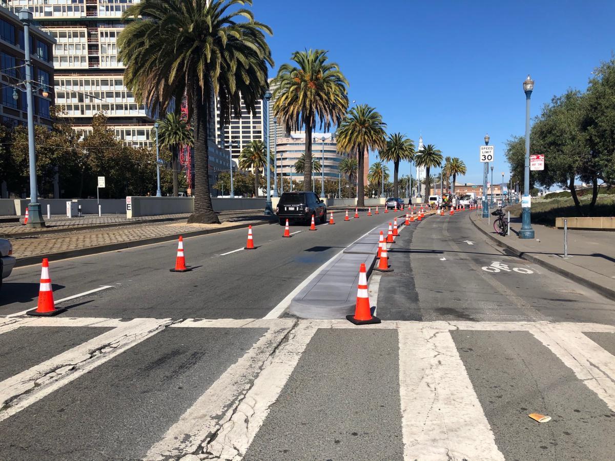 Construction of concrete islands for Ferry Terminal Quick Build on northbound The Embarcadero between Folsom to Mission streets