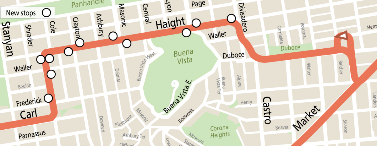 Map of Additional Stops for the N Bus in the Haight